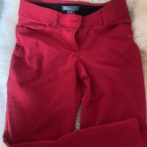 Red pants; rayon, nylon, spandex.  So COMFORTABLE